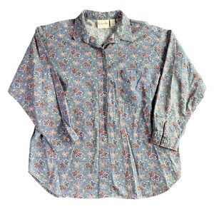 Copper Key Mens Large Blue Floral Butterfly Print Cotton Button‎ Down Shirt Vtg